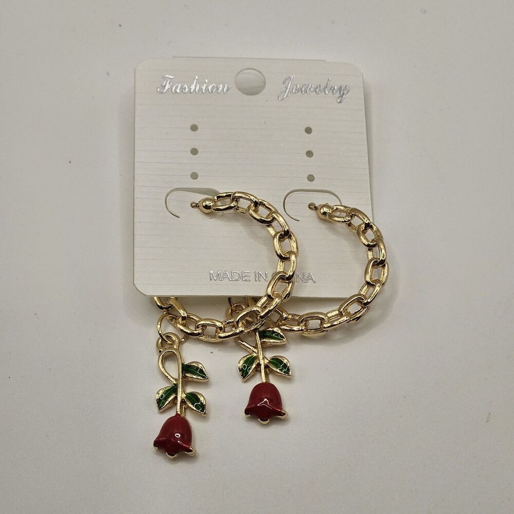 Gold Tone Chain Hoop Earrings Red Rosebud Enamel Dangle Floral Fashion Jewelry